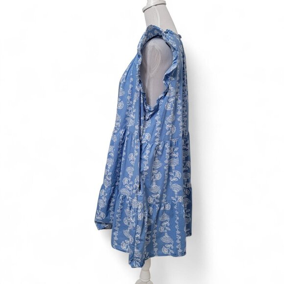 Time and Tru Size XXL Blue Rose Print Tiered Cotton Poplin Dress - Picture 4 of 15